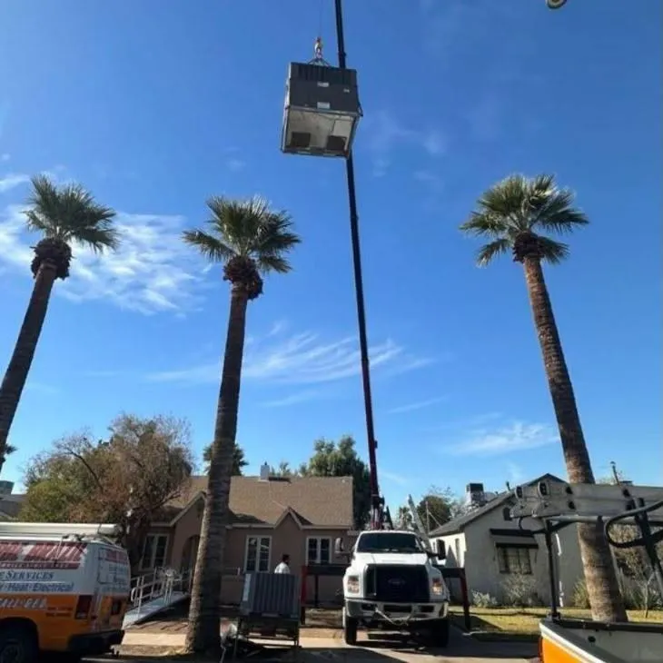 Crane lifting a rooftop air conditioning unit between palm trees in Phoenix